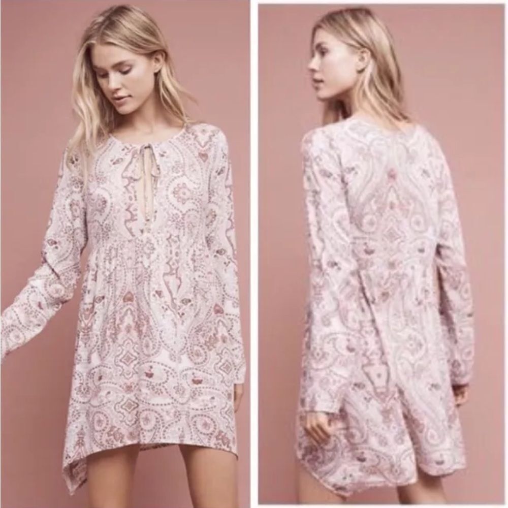 Anthropologie Lilka Pink Paisley Print Mini Dress. Size Medium. Long Sleeve